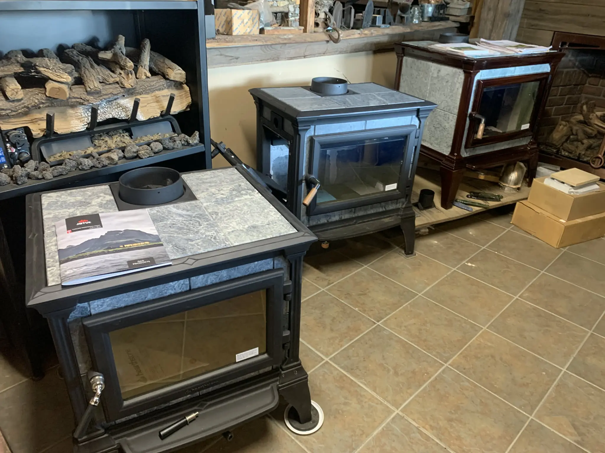 Showroom display of cast-iron wood stoves