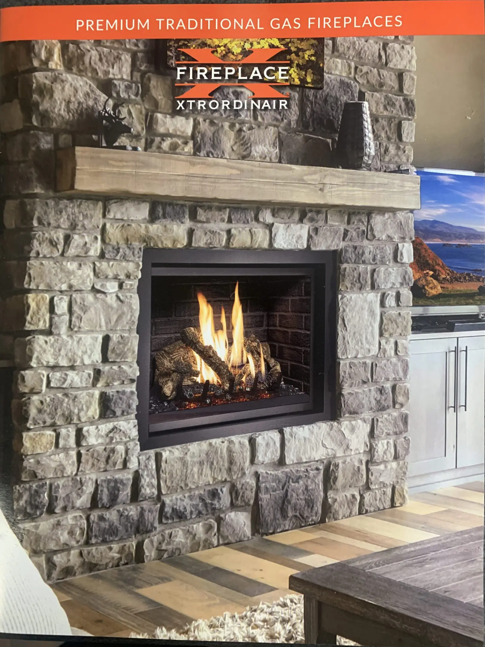 Stone fireplace with gas fire and wooden mantel