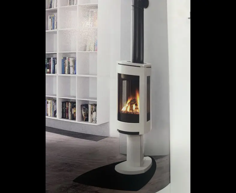Modern freestanding wood-burning stove by bookshelf