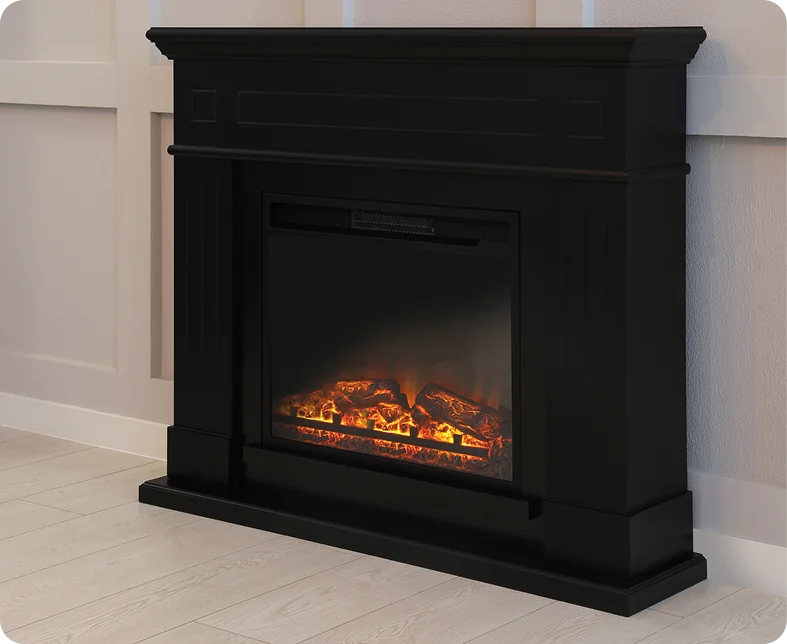 Black electric fireplace with glowing logs