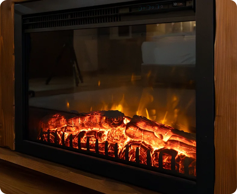Simulated fire in modern fireplace