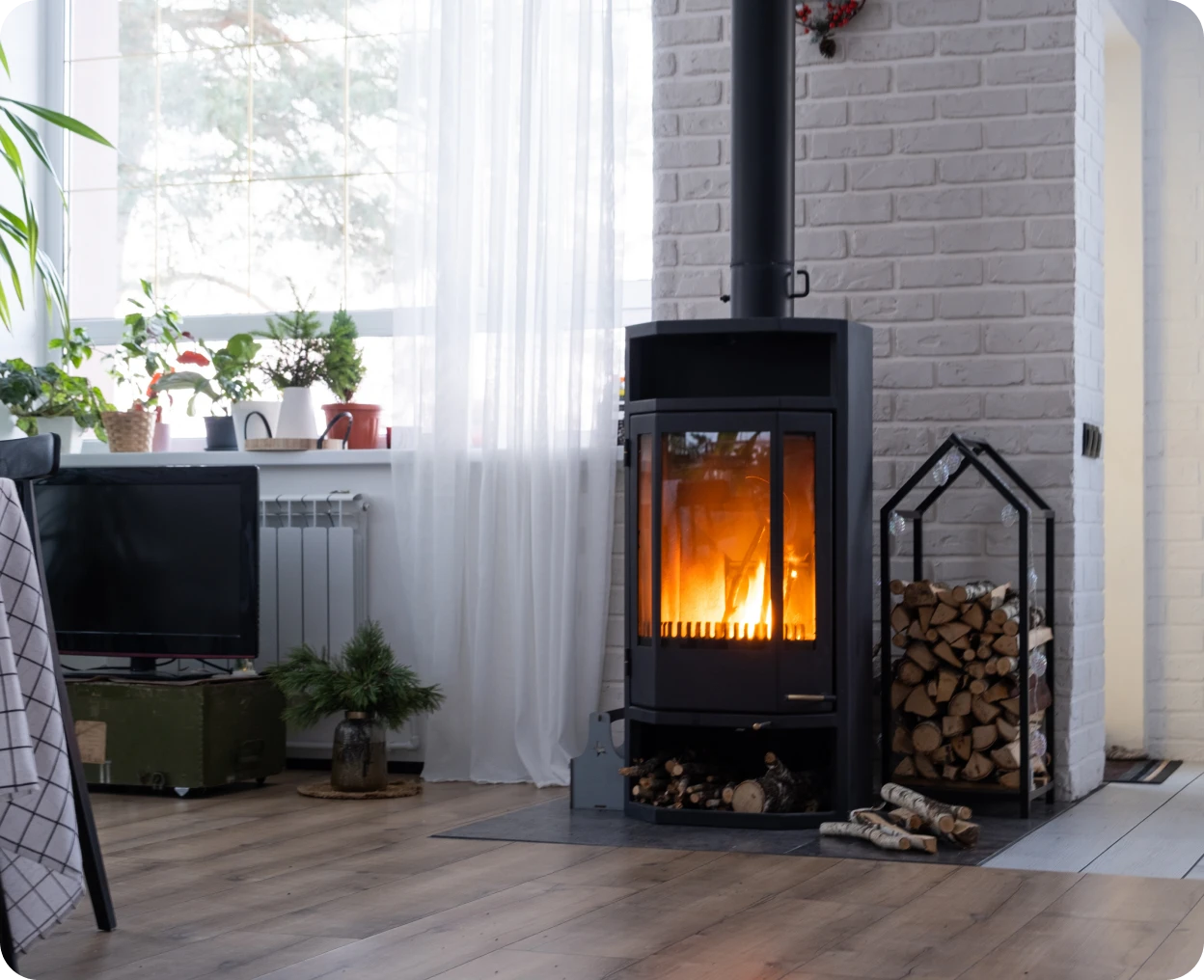 Contemporary fireplace with wood stack