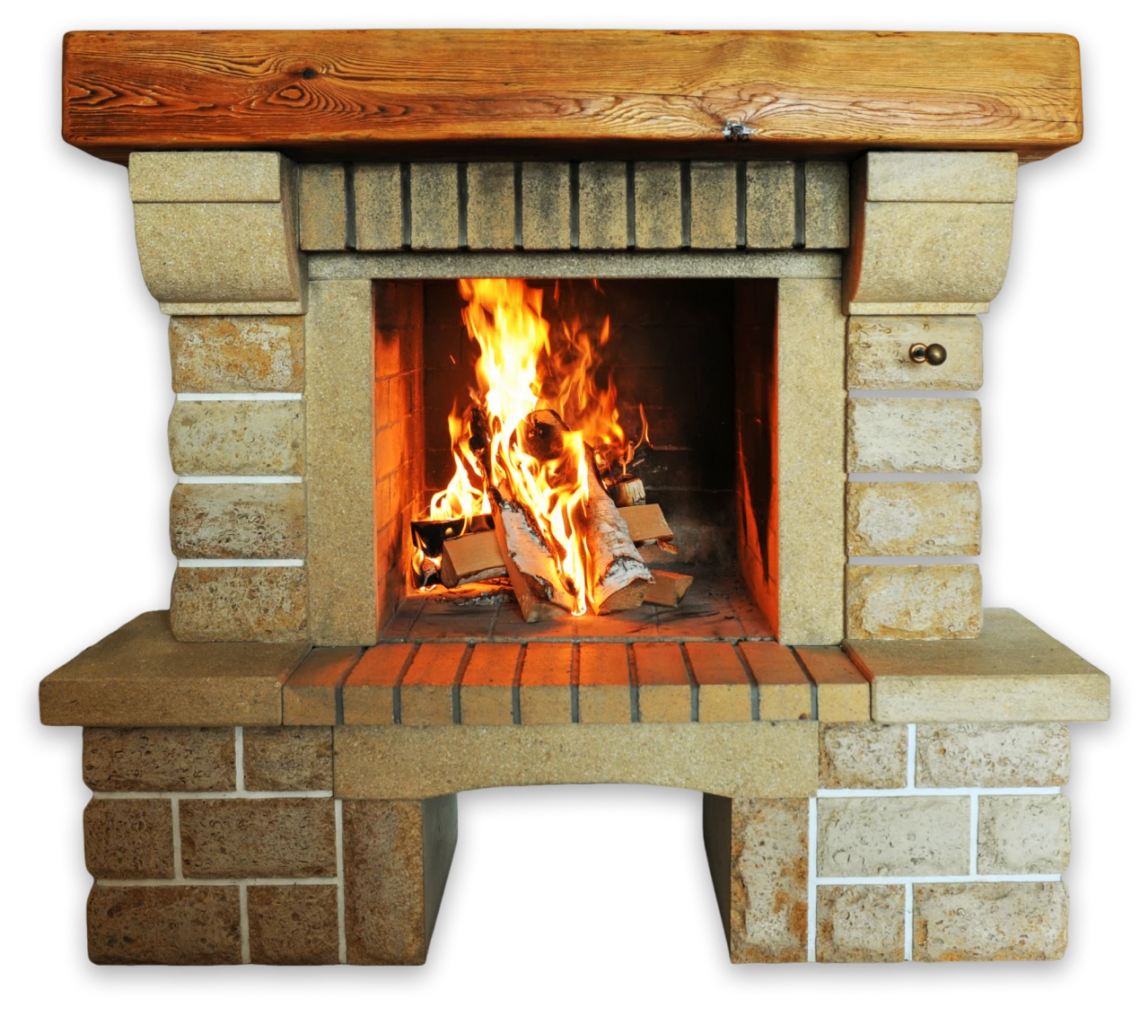 Rustic fireplace and crackling fire