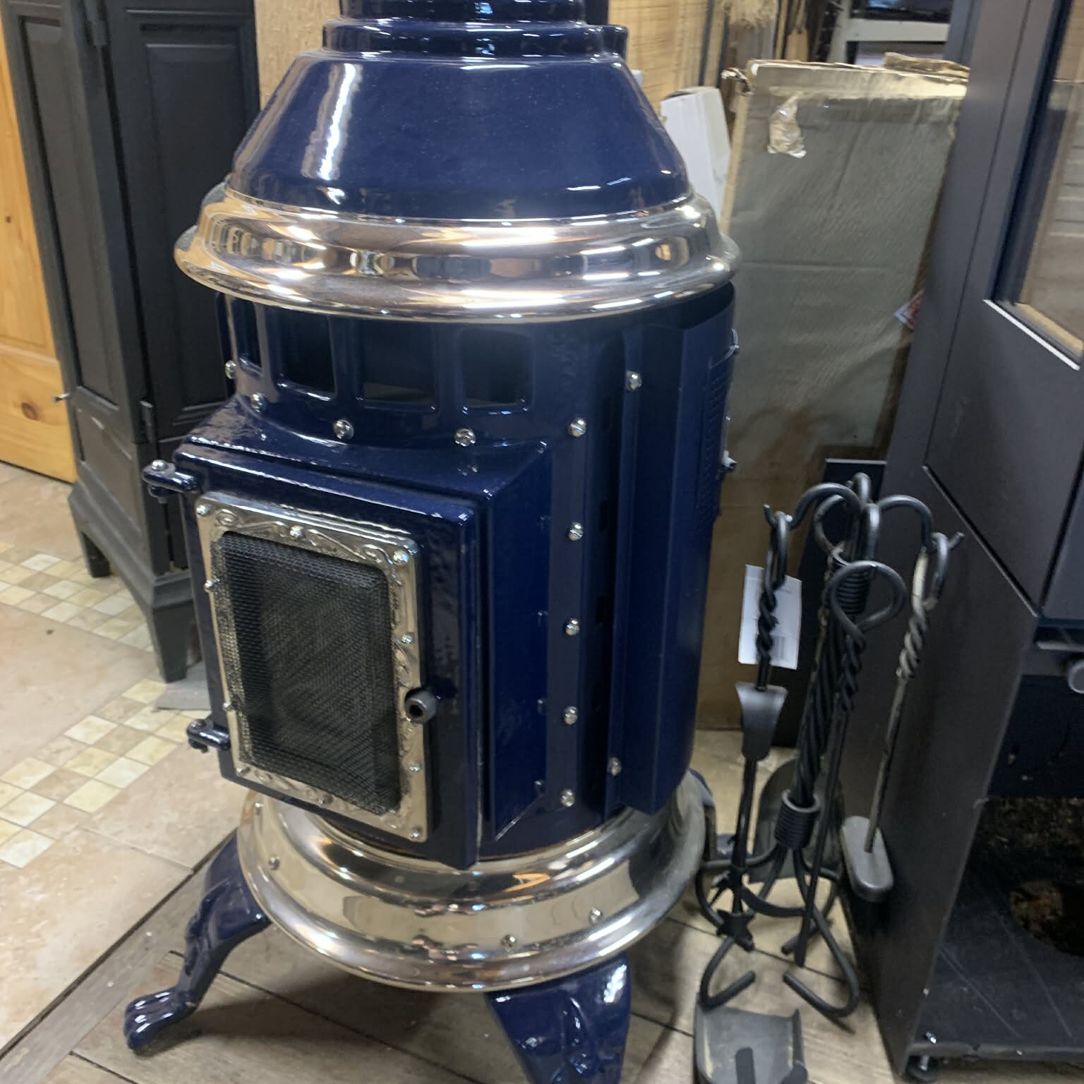 Blue vintage cast-iron wood-burning stove